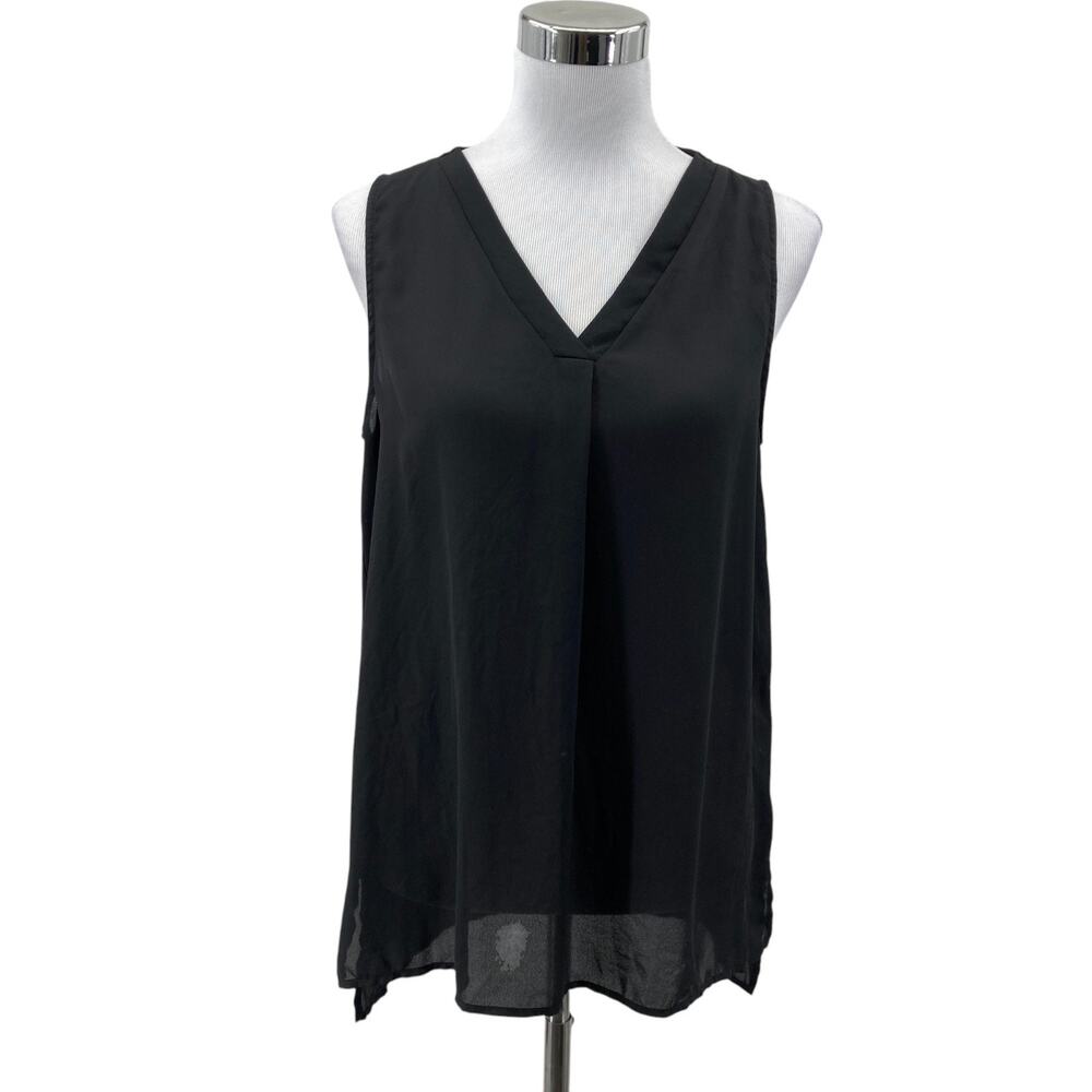 Pleione Womens Blouse M Black Sleeveless V-Neck Chiffon Sheer Hem Tank Top